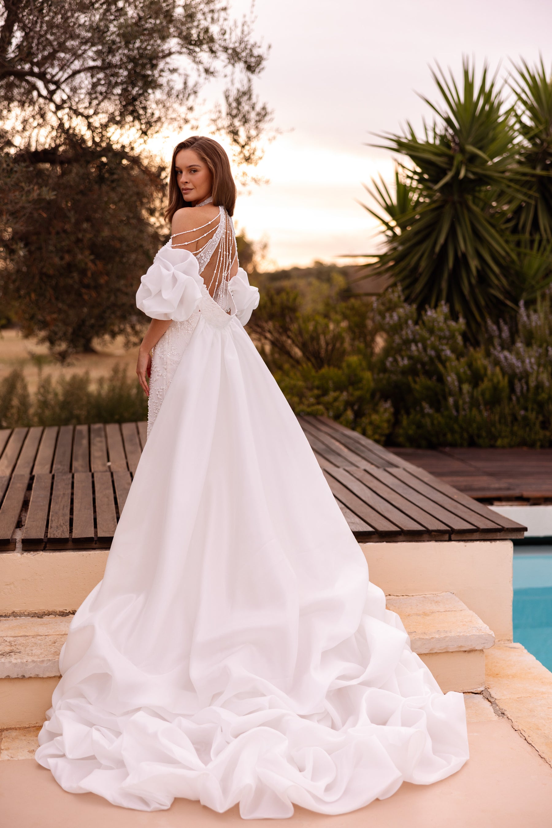 Halter Sheath Wedding Dress with Detachable Puff Sleeves and Overskirt