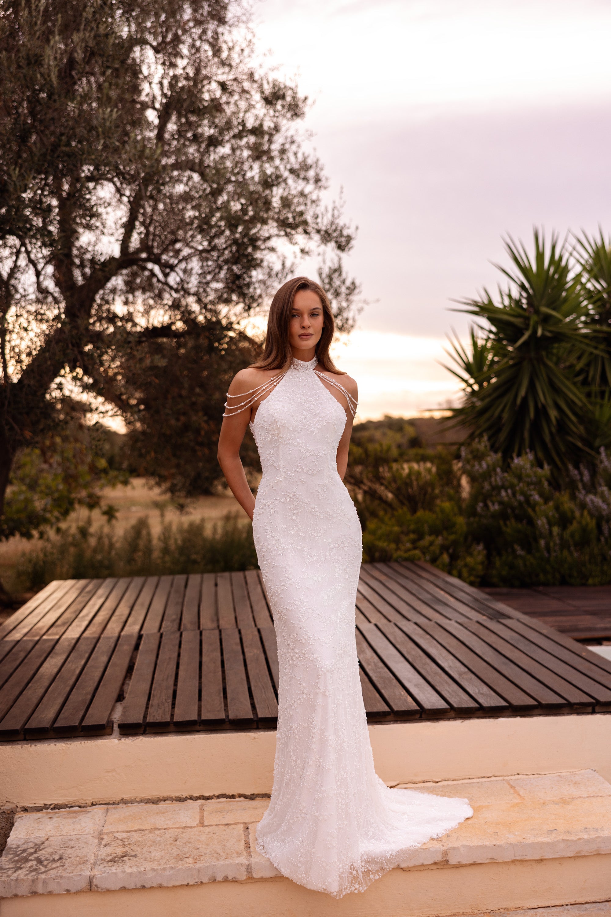 Halter Sheath Wedding Dress with Detachable Puff Sleeves and Overskirt