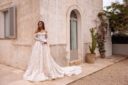 Floral A-Line Wedding Dress with Detachable Off-Shoulder Sleeves and Slit