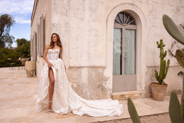 Floral A-Line Wedding Dress with Detachable Off-Shoulder Sleeves and Slit