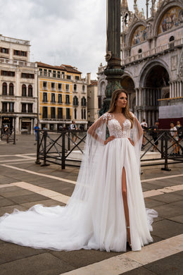 A-Line Wedding Dress with Illusion Neckline, Floral Lace and Slit