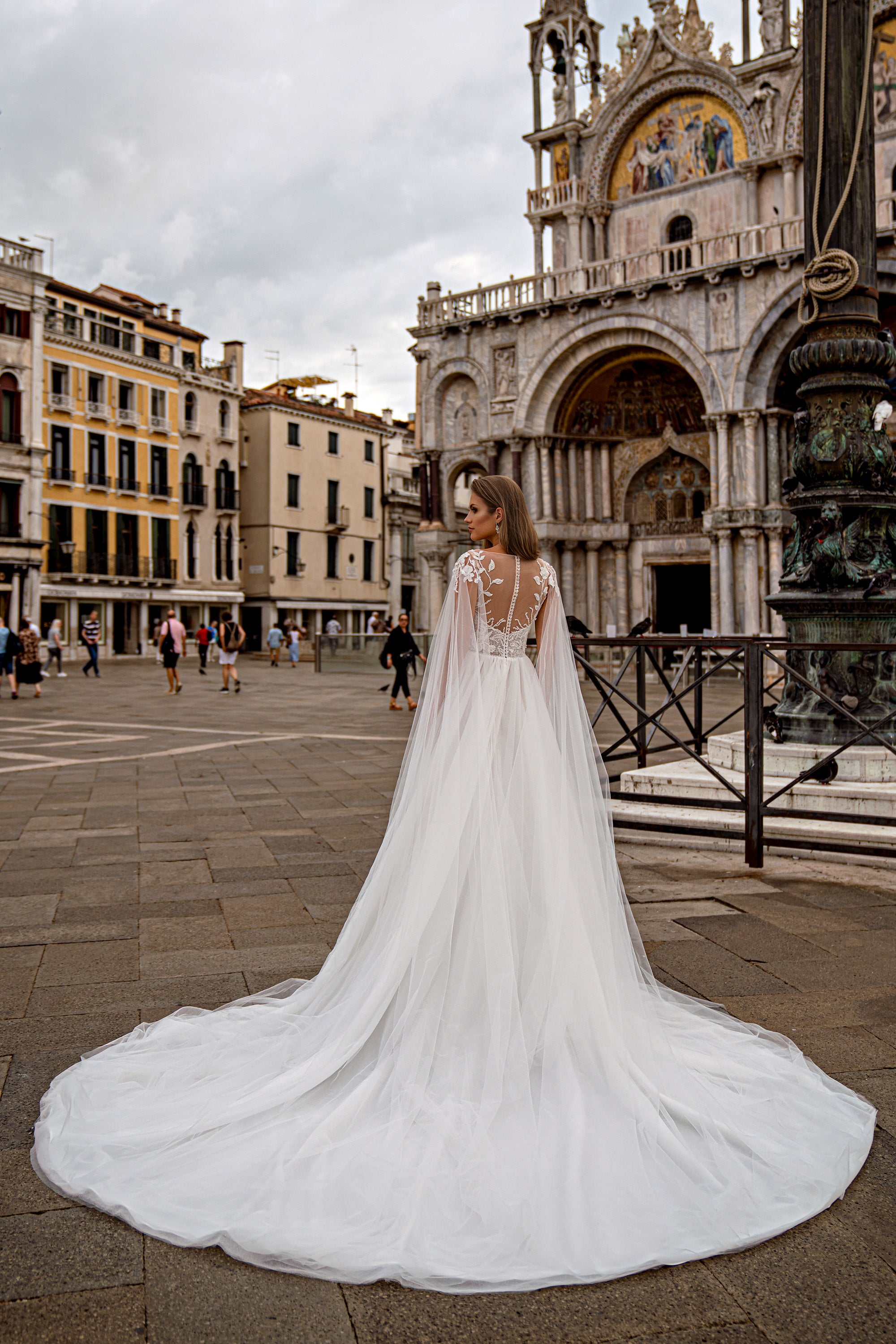 A-Line Wedding Dress with Illusion Neckline, Floral Lace and Slit