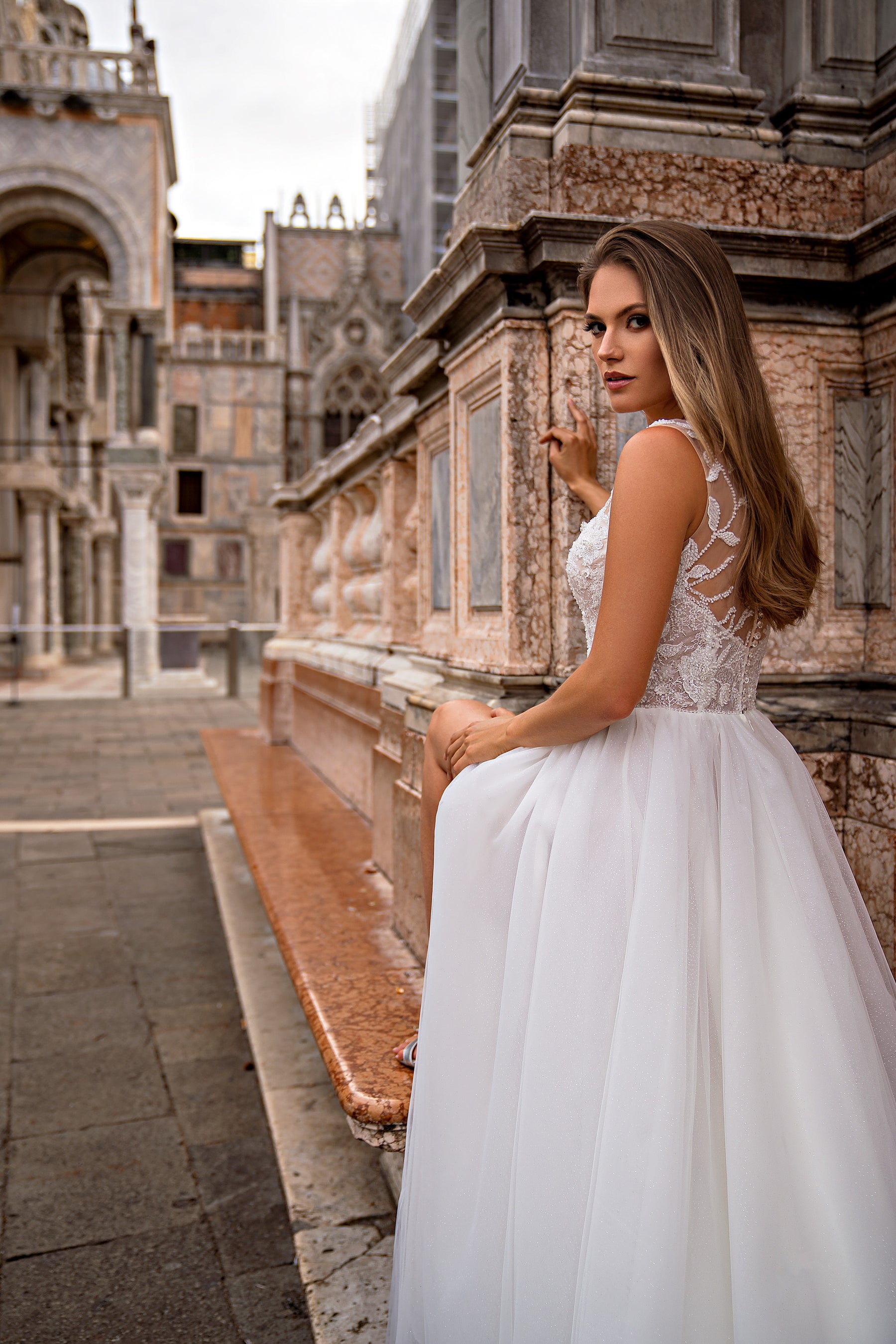 A-Line Wedding Dress with Illusion Neckline, Floral Lace and Slit