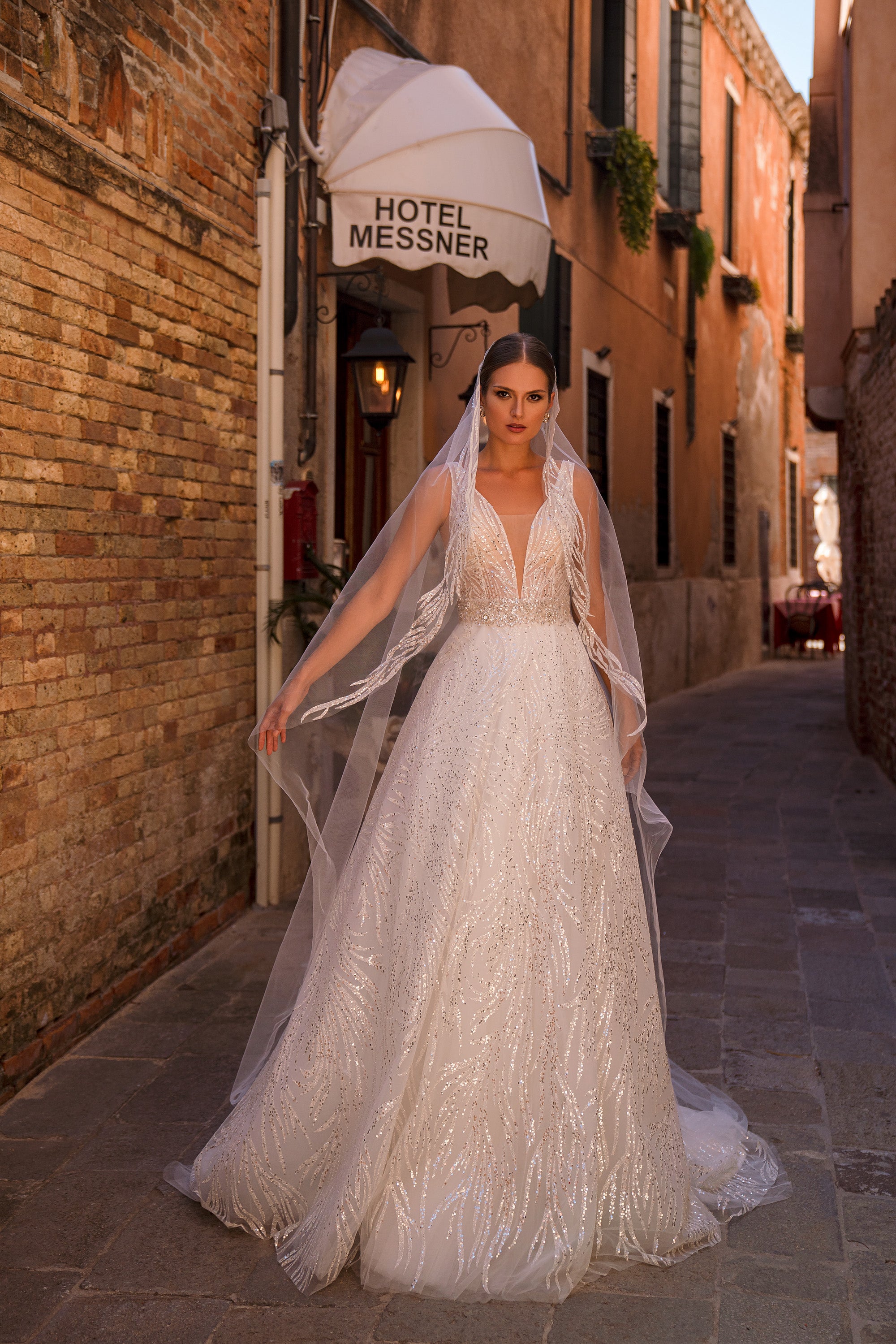 A-Line Wedding Dress with Deep V-Neck and Sequins