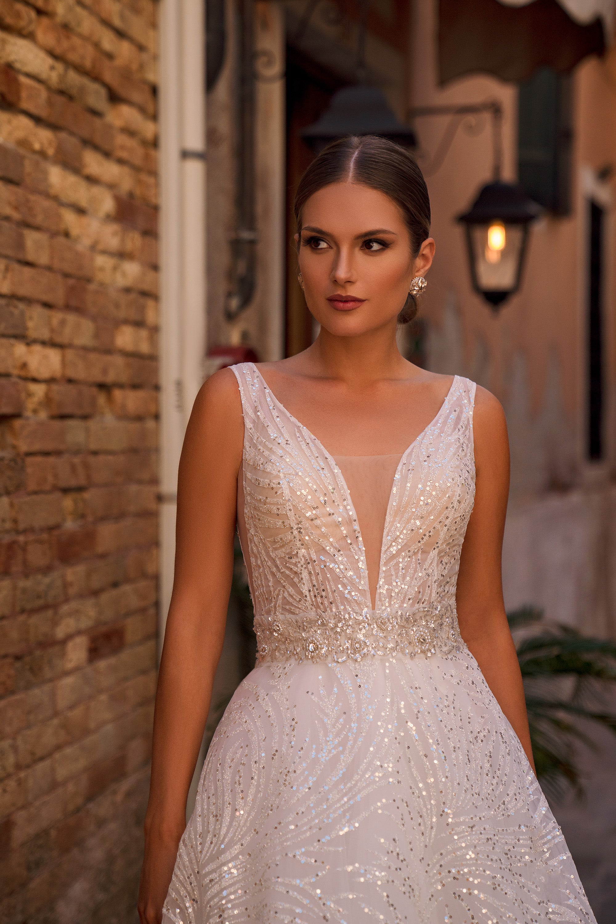 A-Line Wedding Dress with Deep V-Neck and Sequins