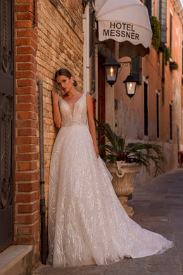 A-Line Wedding Dress with Deep V-Neck and Sequins