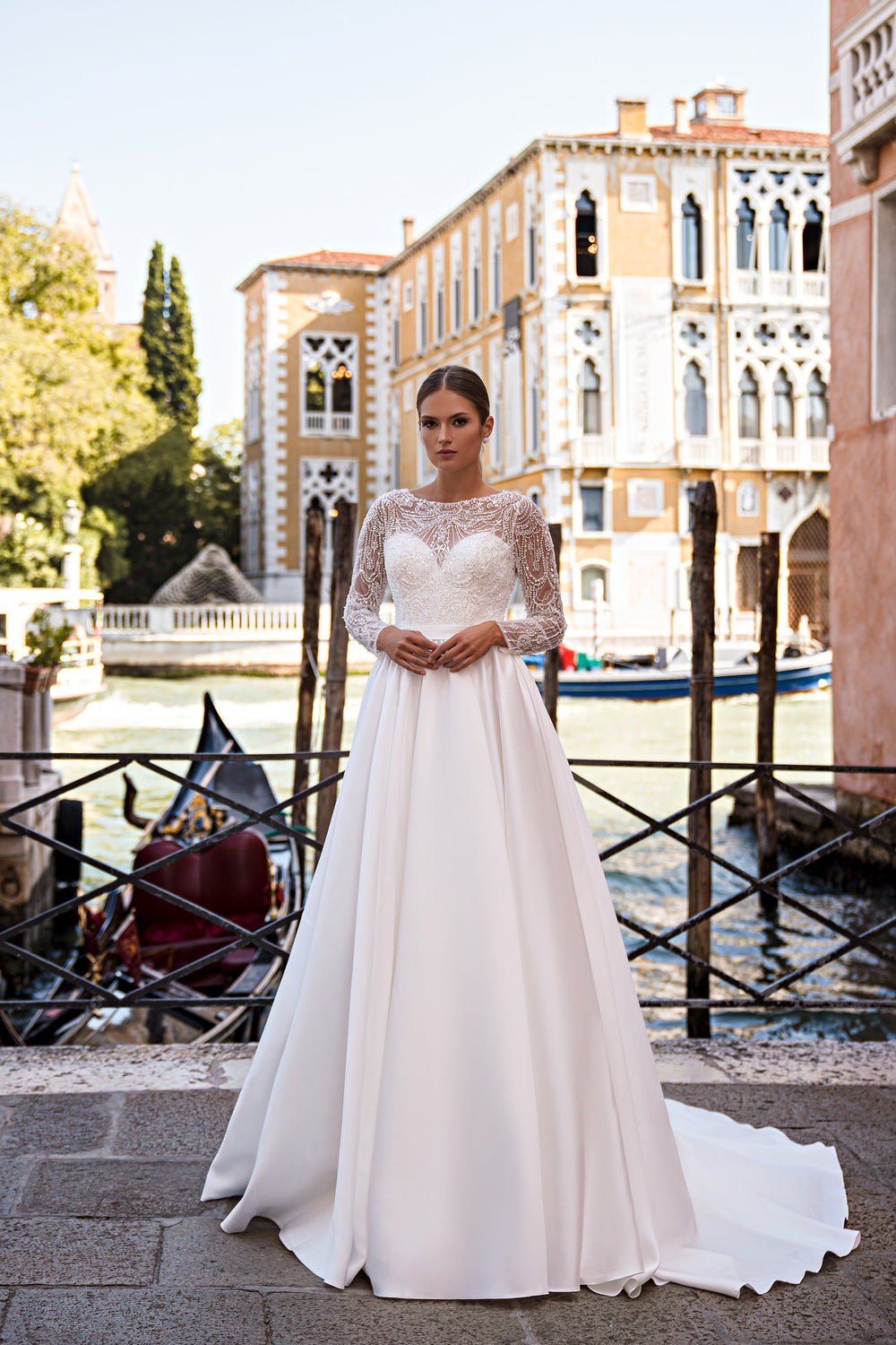 A-Line Wedding Dress with Beaded Illusion Sleeves