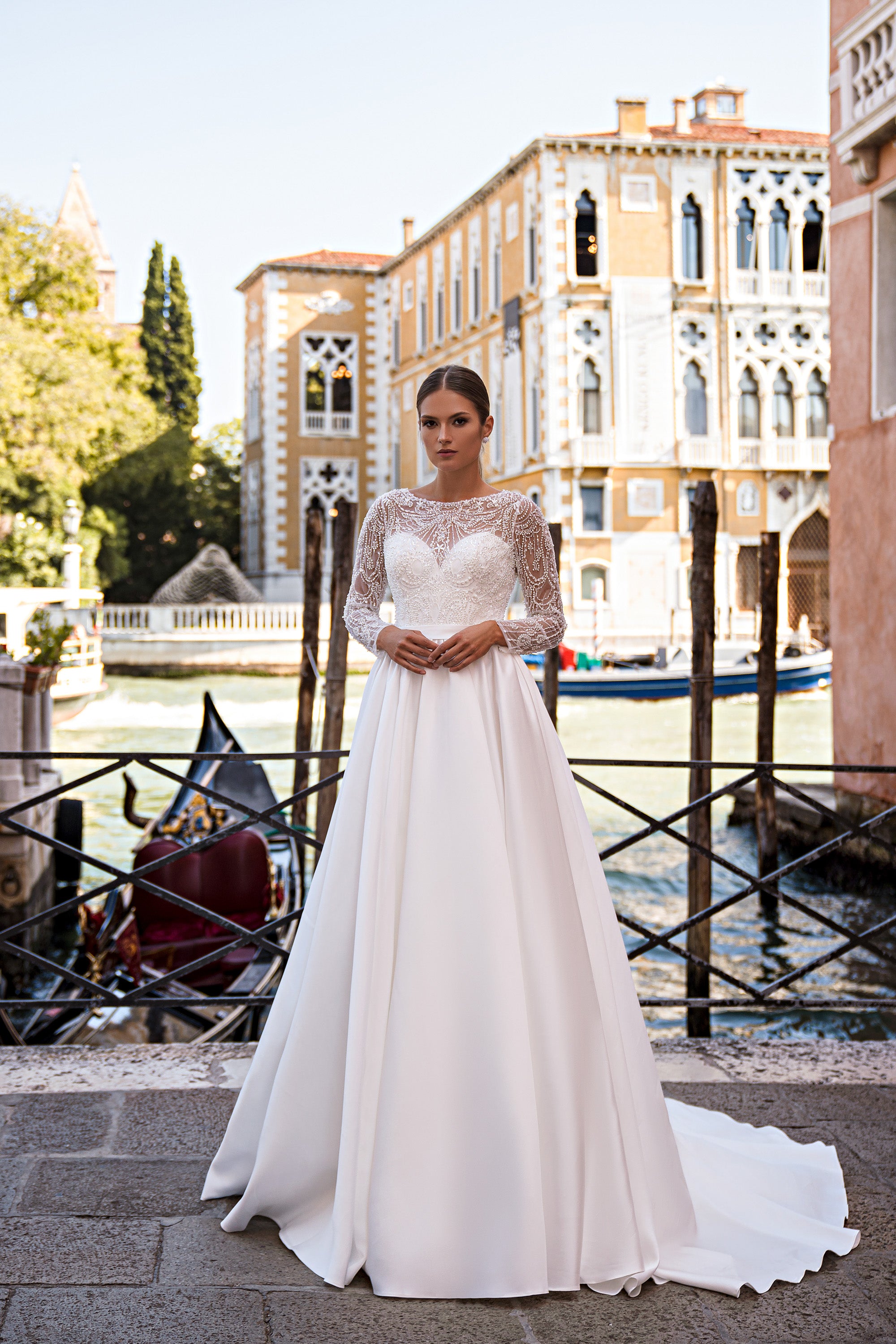 A-Line Wedding Dress with Beaded Illusion Sleeves
