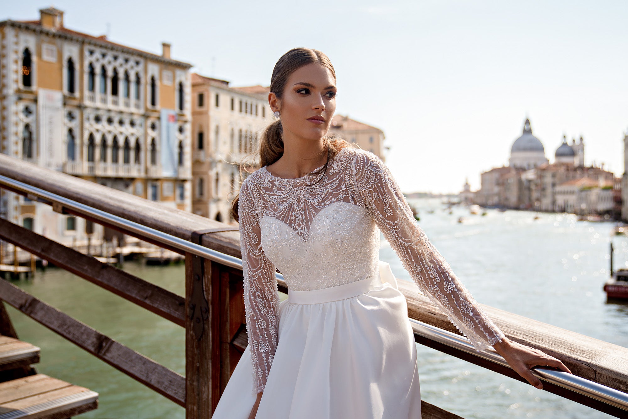 A-Line Wedding Dress with Beaded Illusion Sleeves