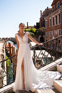 A-Line Wedding Dress with Floral Lace Bodice and Slit