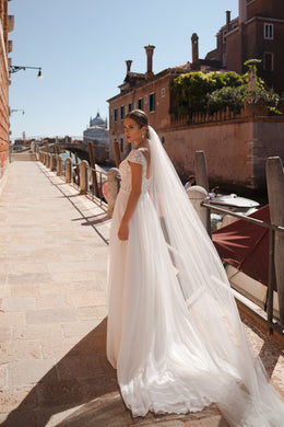 A-Line Wedding Dress with Floral Lace Bodice and Slit