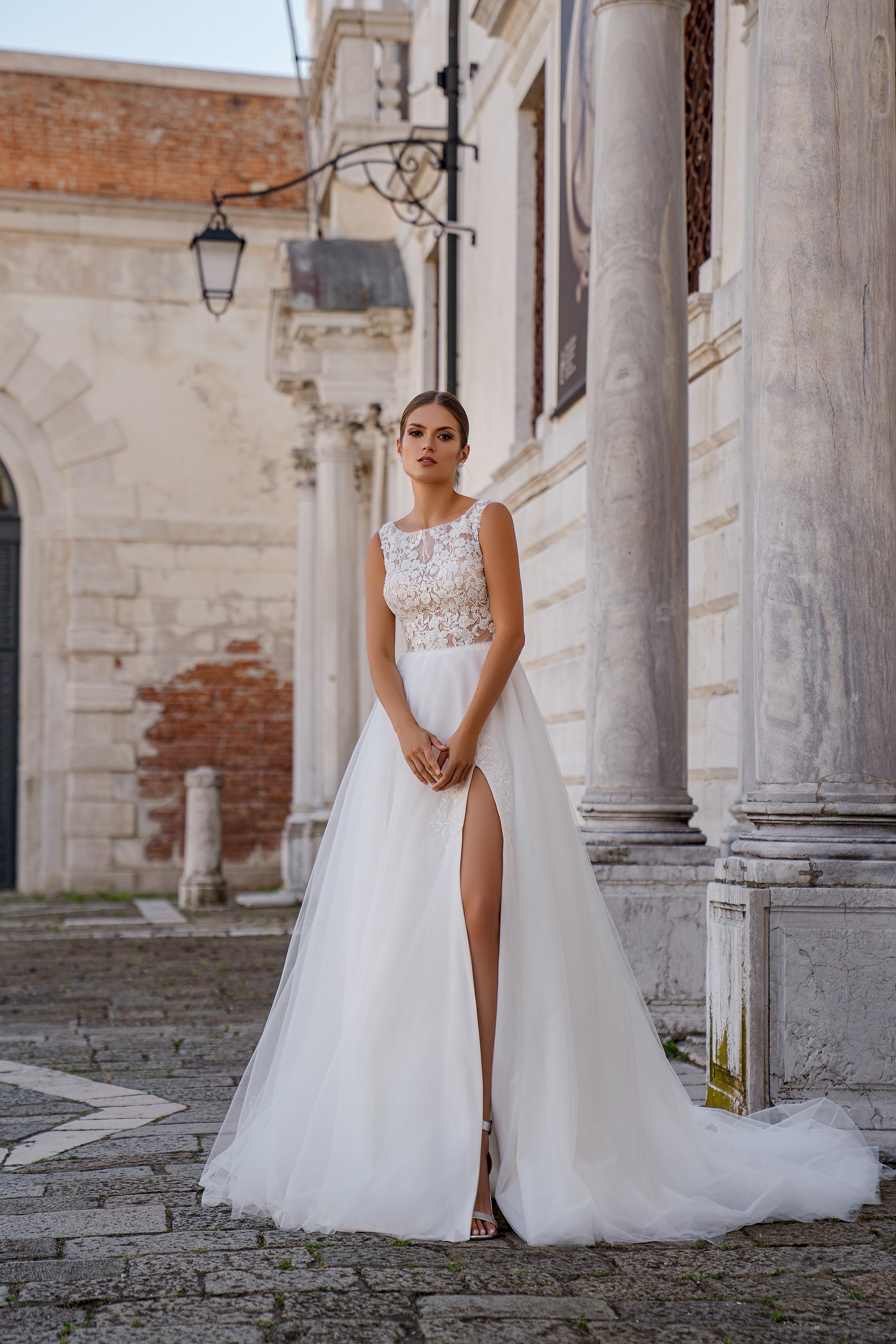 A-Line Wedding Dress with Floral Illusion Bodice and Slit