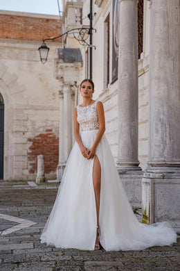 A-Line Wedding Dress with Floral Illusion Bodice and Slit