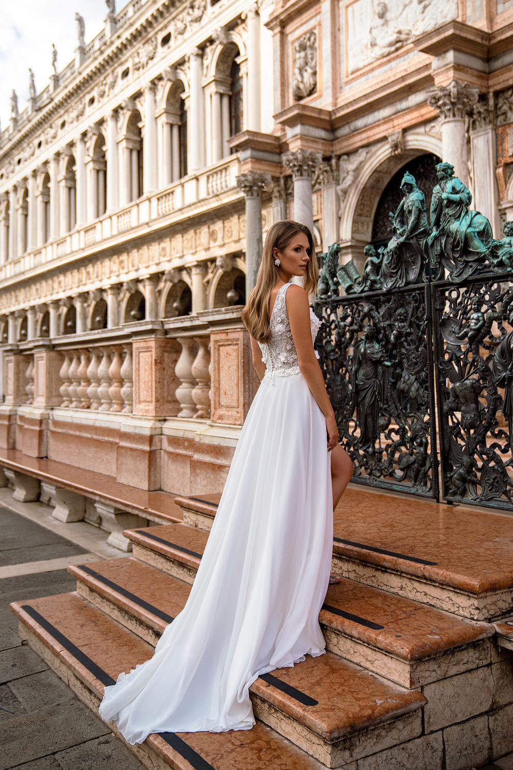 A-Line Wedding Dress with 3D Floral Bodice and Slit