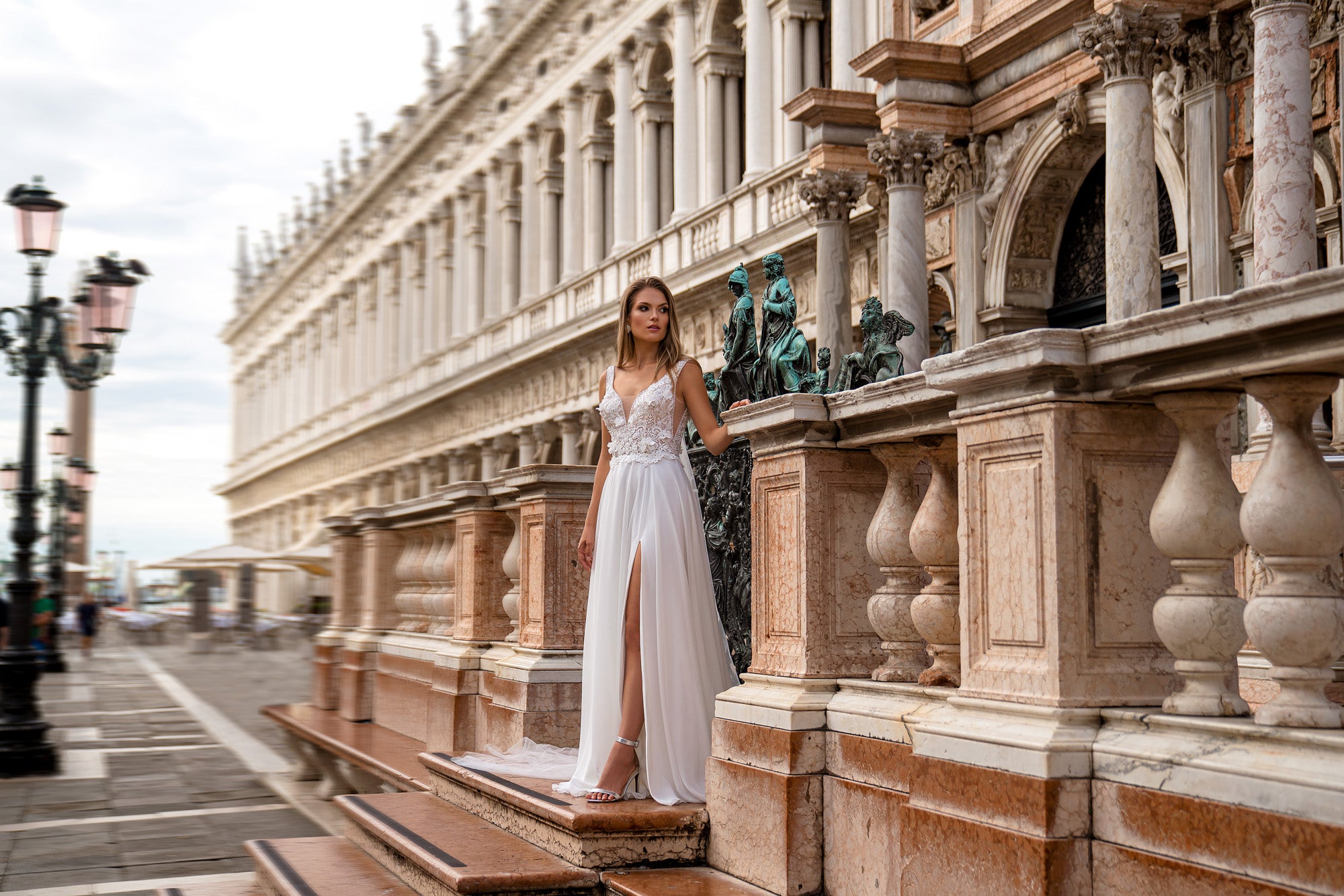 A-Line Wedding Dress with 3D Floral Bodice and Slit