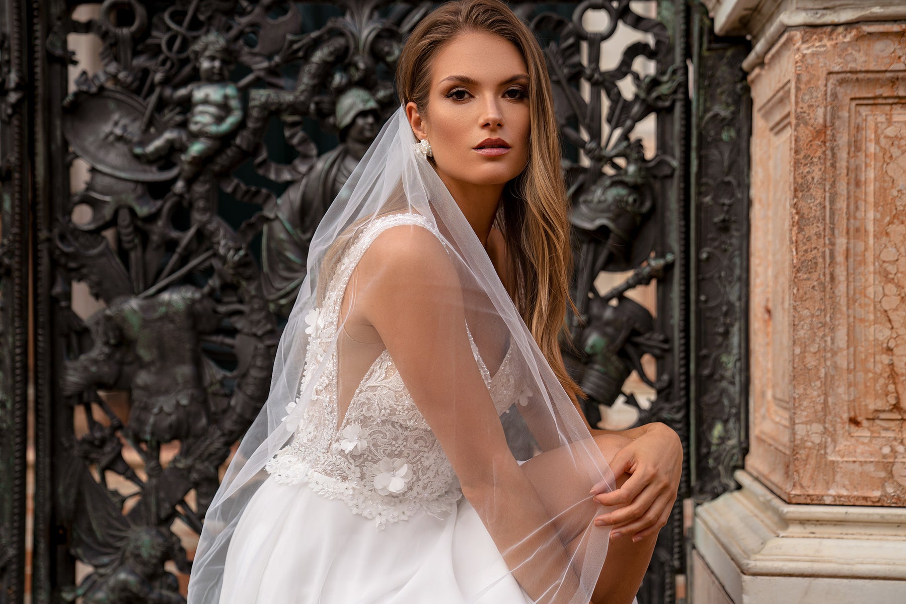A-Line Wedding Dress with 3D Floral Bodice and Slit