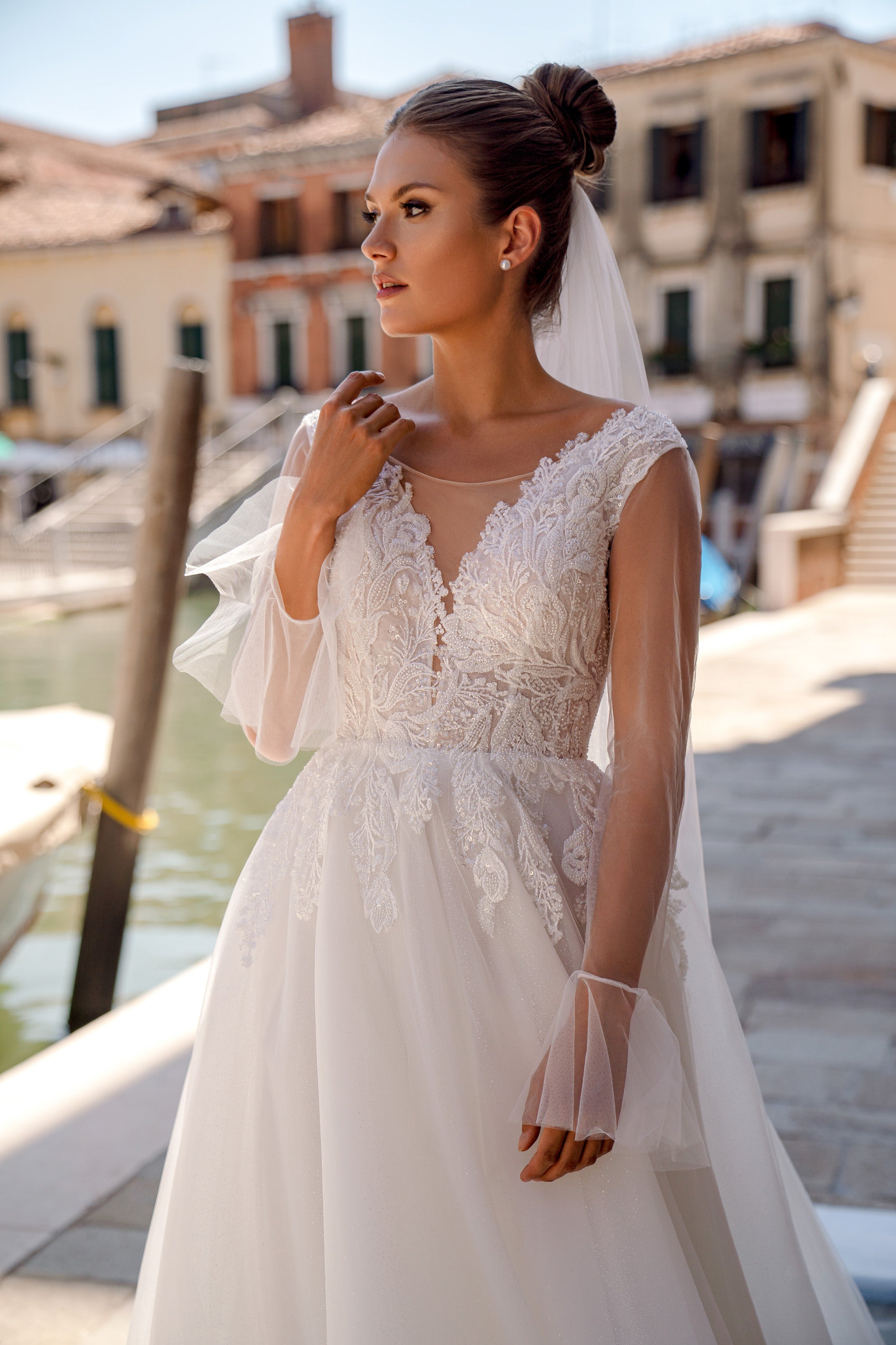 A-Line Wedding Dress with Beaded Lace Bodice and Long Sleeves
