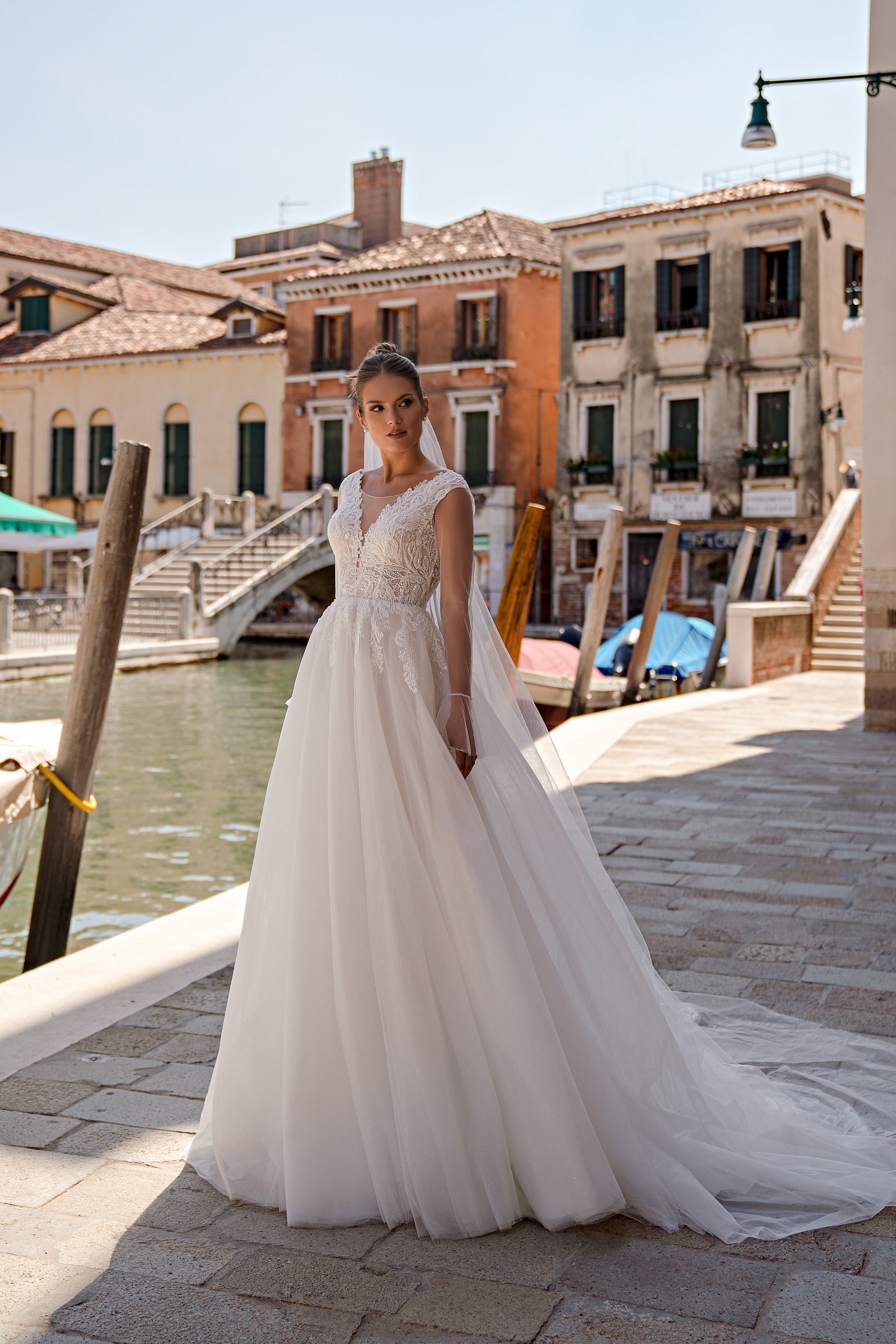 A-Line Wedding Dress with Beaded Lace Bodice and Long Sleeves