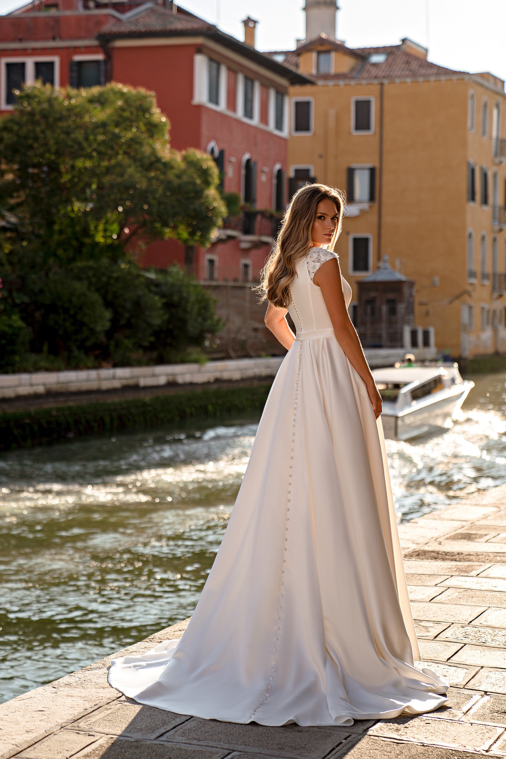 Ball Gown Wedding Dress with Beaded Floral Cap Sleeves