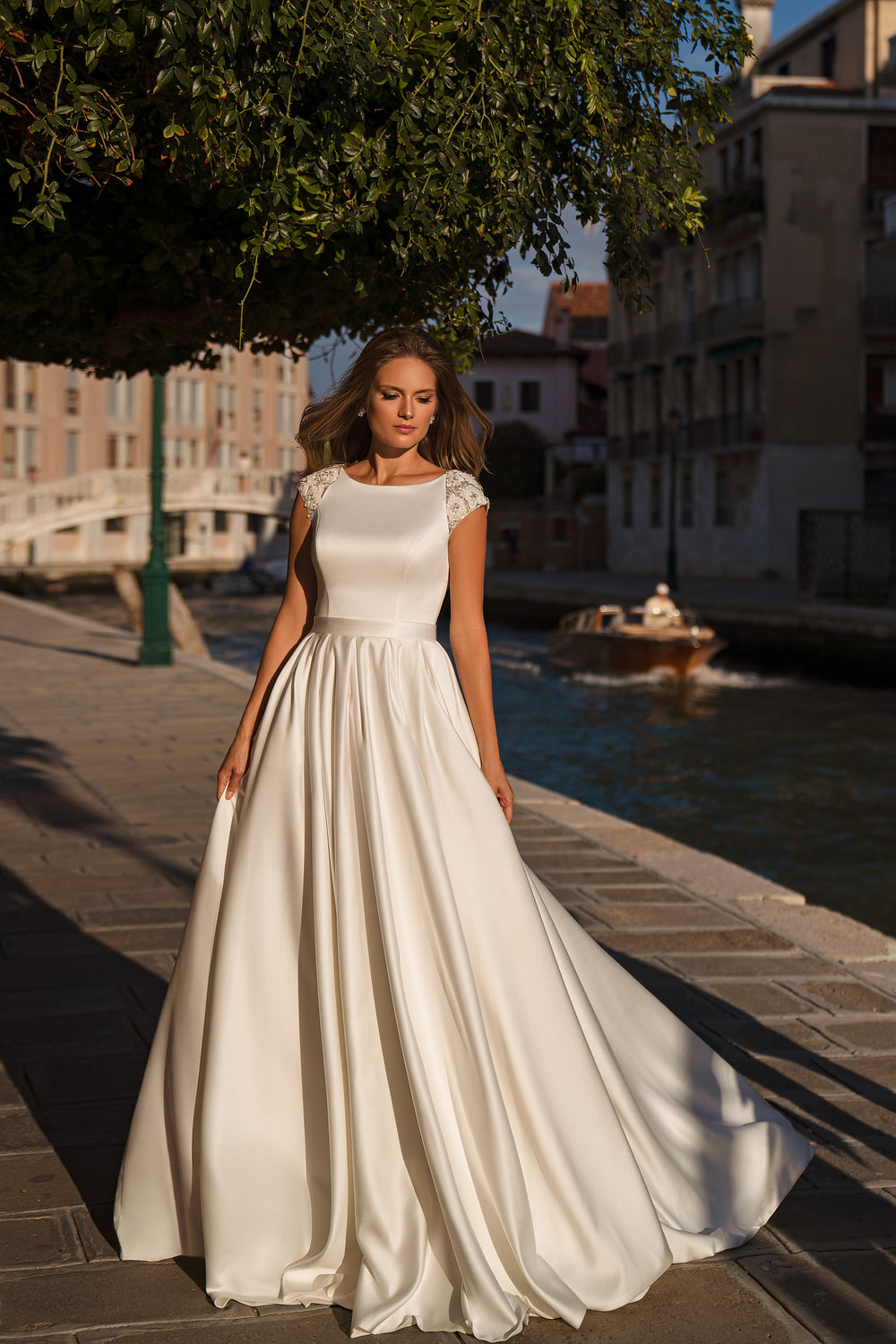 Ball Gown Wedding Dress with Beaded Floral Cap Sleeves