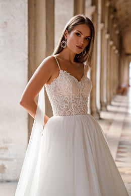 A-Line Wedding Dress with Beaded Lace Bodice and Watteau Train