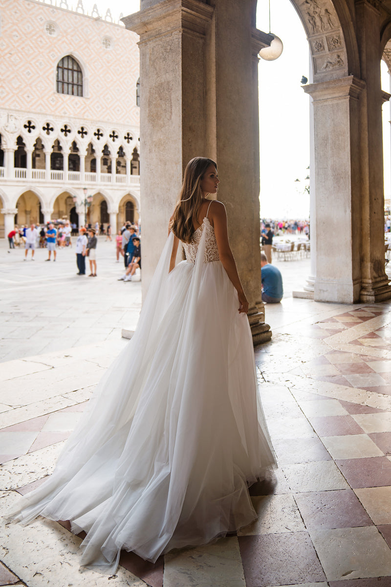 A-Line Wedding Dress with Beaded Lace Bodice and Watteau Train