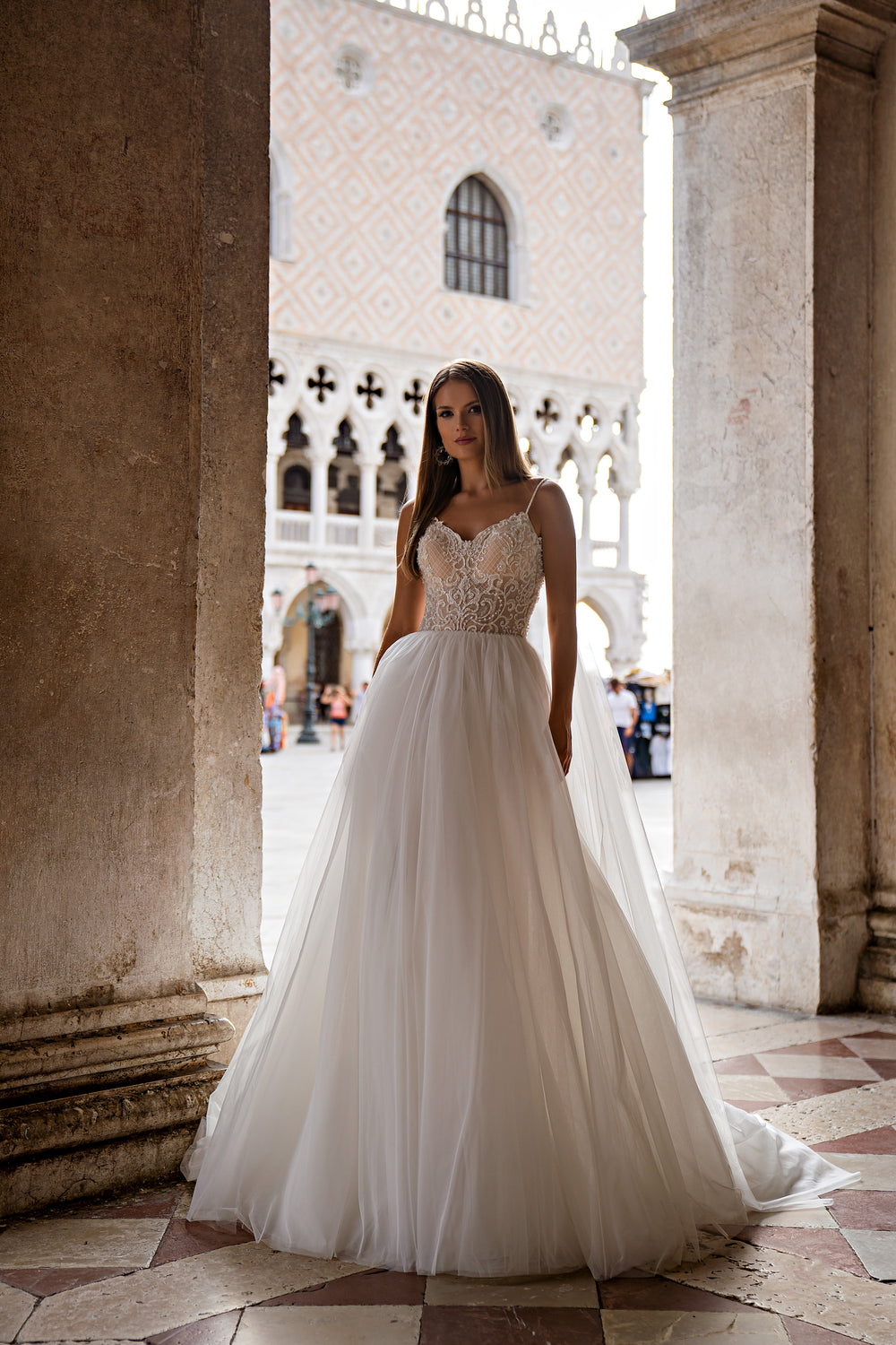 A-Line Wedding Dress with Beaded Lace Bodice and Watteau Train