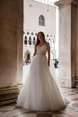 A-Line Wedding Dress with Beaded Lace Bodice and Watteau Train