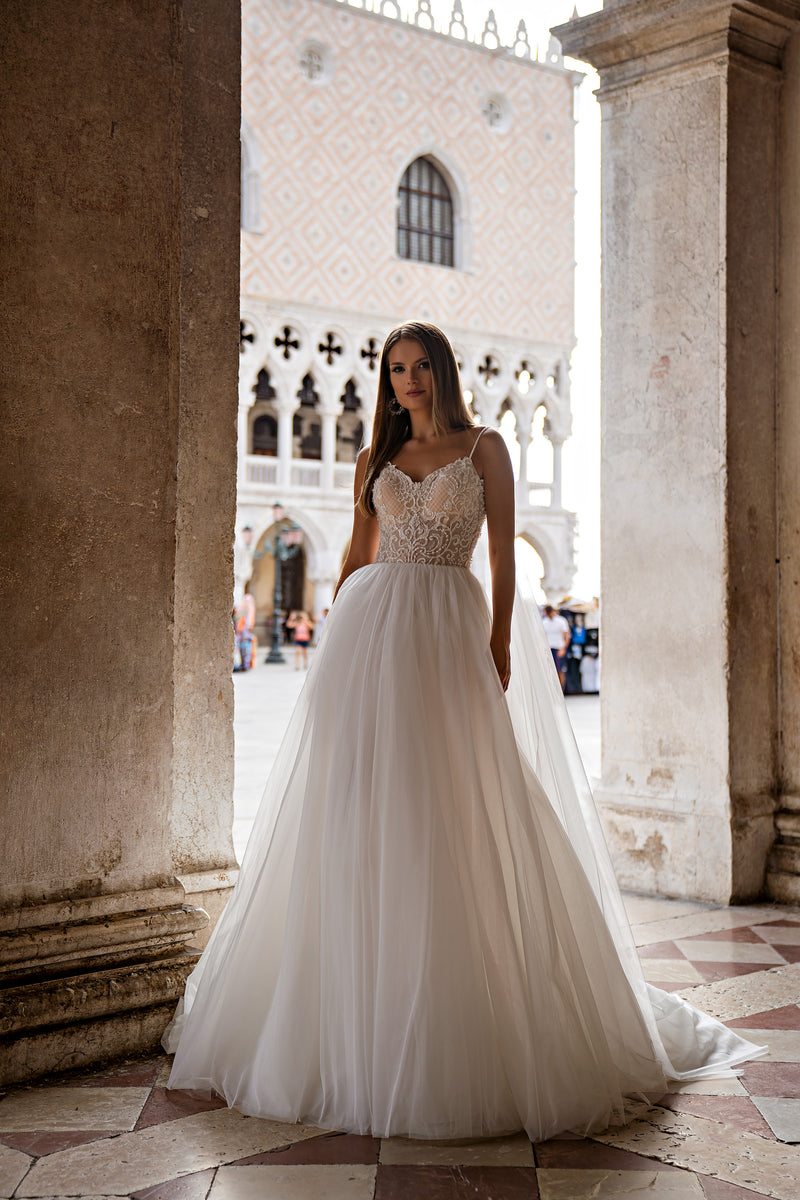 A-Line Wedding Dress with Beaded Lace Bodice and Watteau Train