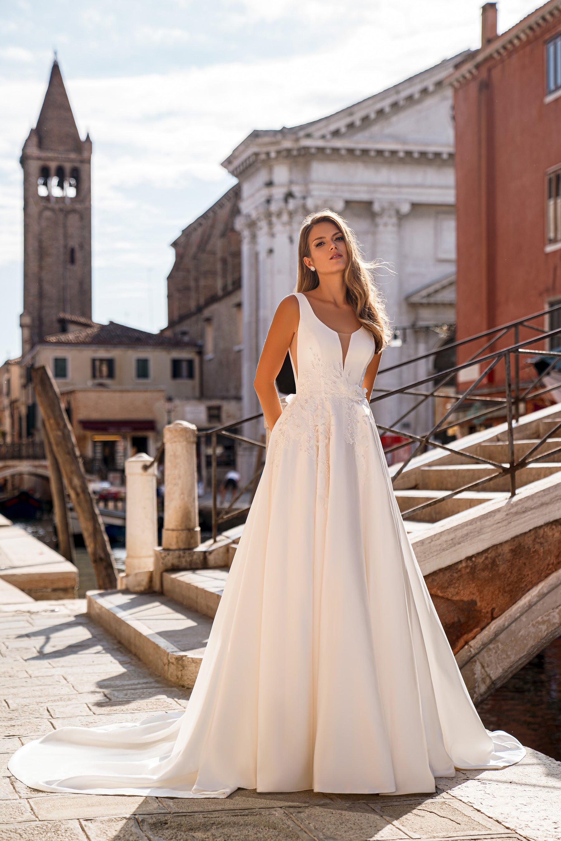 A-Line Wedding Dress with Deep V-Neck and Floral Appliqués