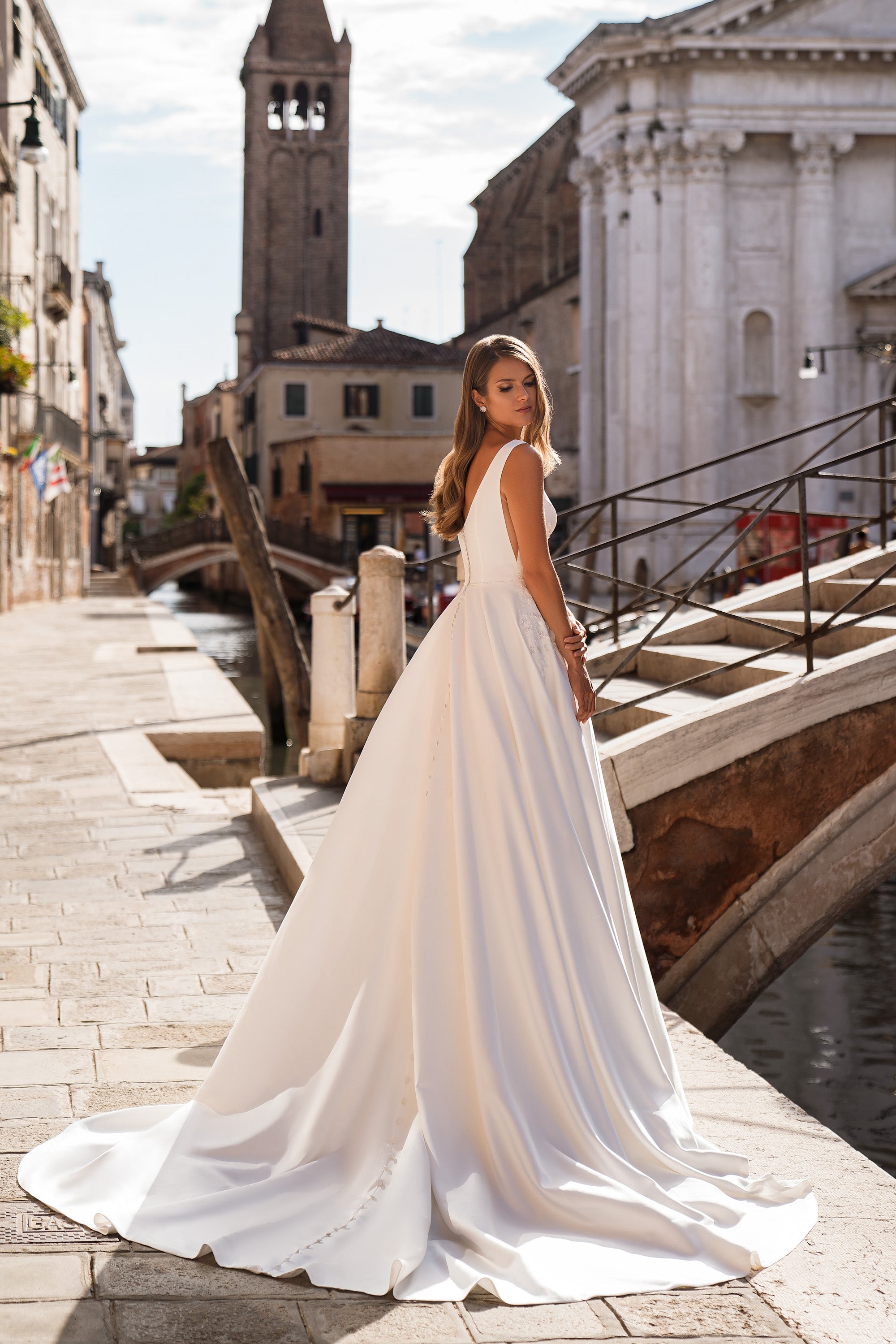 A-Line Wedding Dress with Deep V-Neck and Floral Appliqués