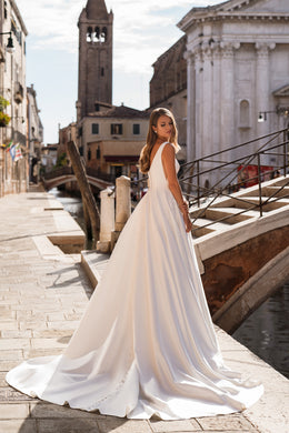 A-Line Wedding Dress with Deep V-Neck and Floral Appliqués