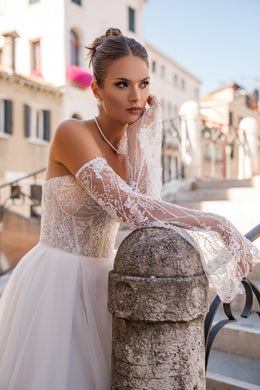 A-Line Wedding Dress with Off-The-Shoulder Lace Sleeves and Slit