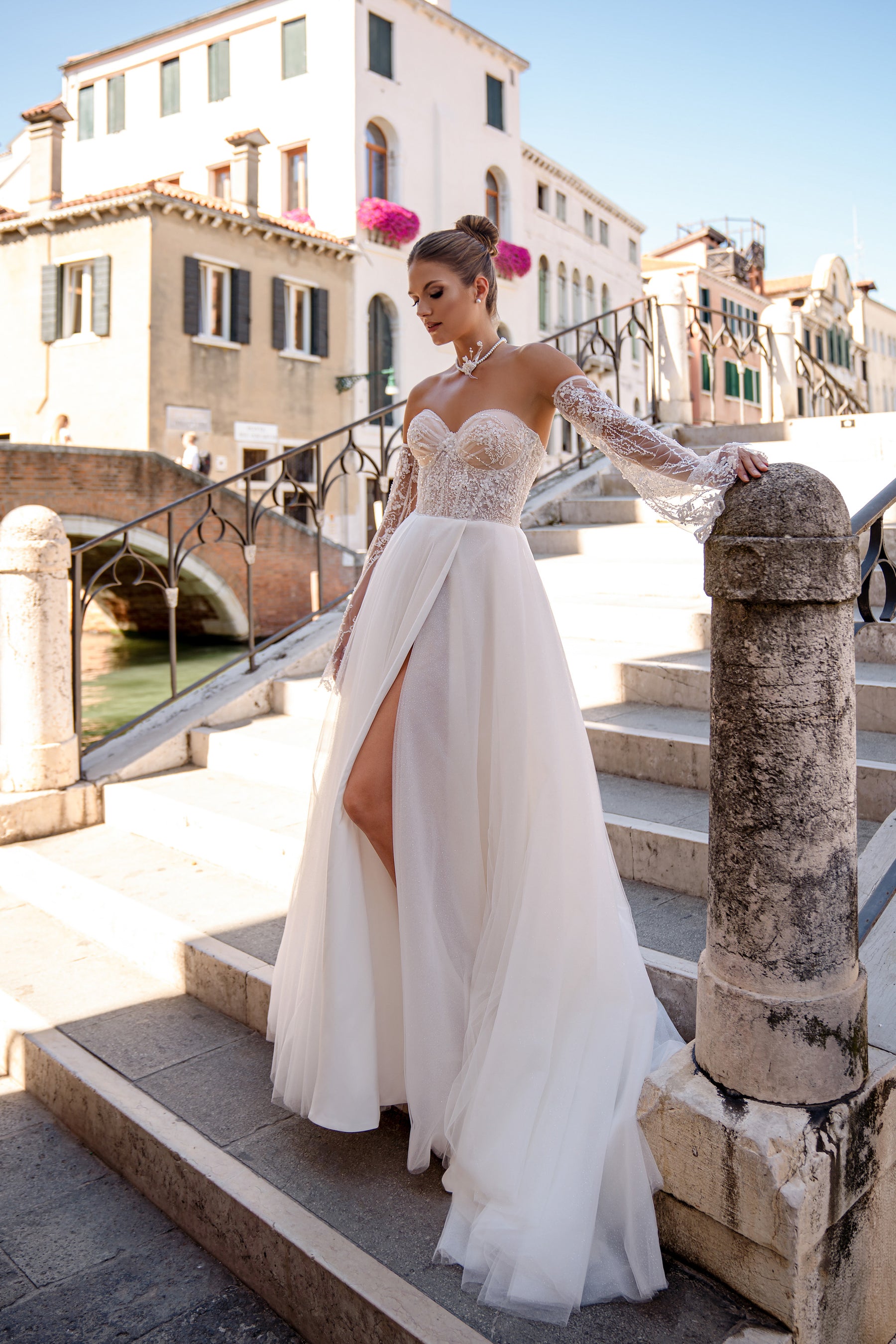 A-Line Wedding Dress with Off-The-Shoulder Lace Sleeves and Slit