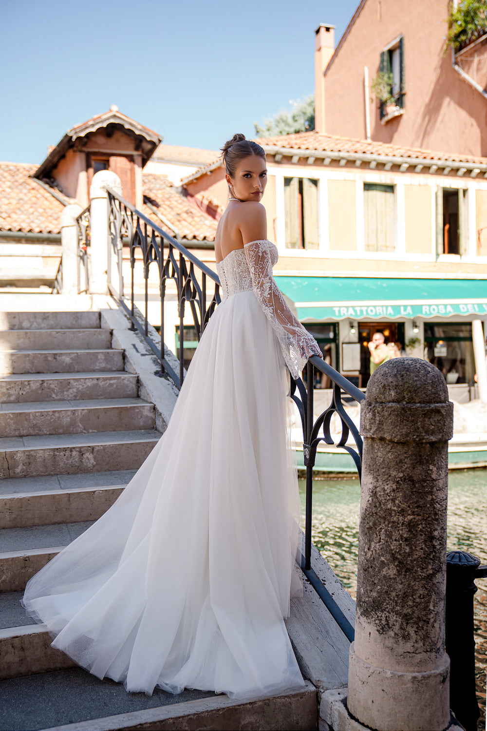 A-Line Wedding Dress with Off-The-Shoulder Lace Sleeves and Slit