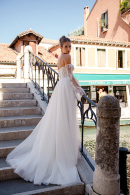 A-Line Wedding Dress with Off-The-Shoulder Lace Sleeves and Slit