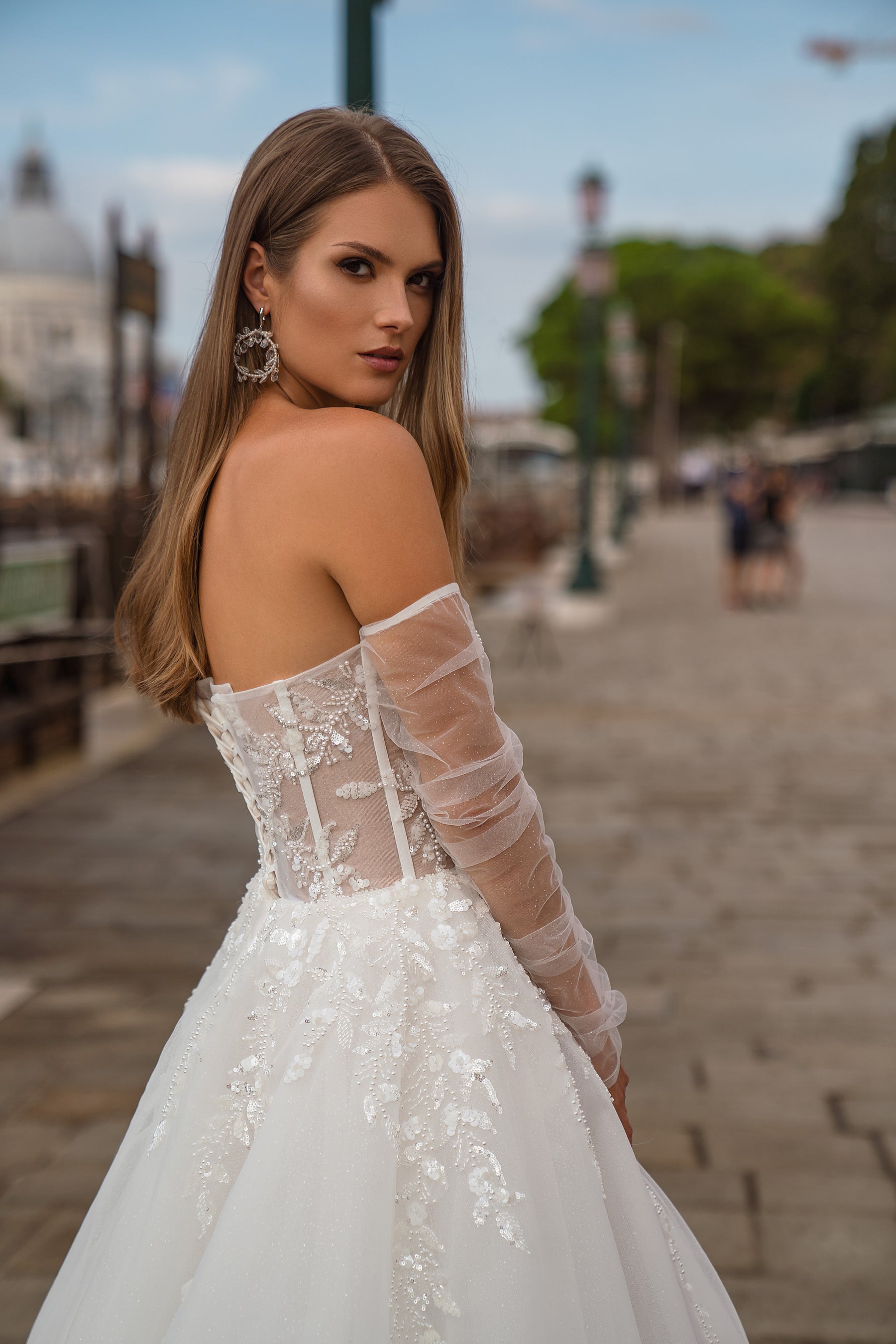 A-Line Wedding Dress with Floral Lace and Detachable Sleeves