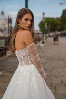A-Line Wedding Dress with Floral Lace and Detachable Sleeves