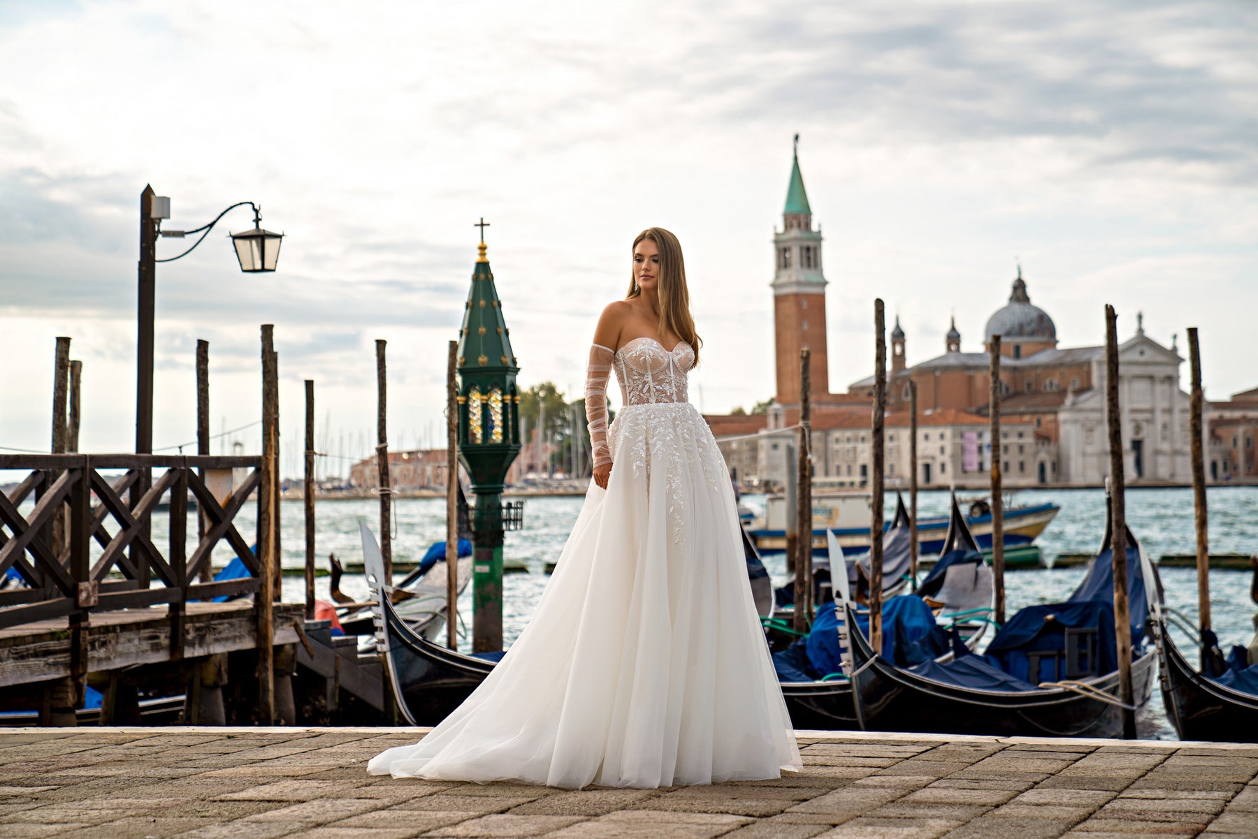 A-Line Wedding Dress with Floral Lace and Detachable Sleeves