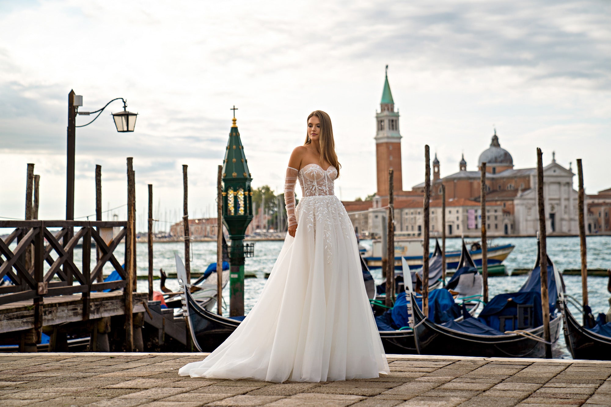 A-Line Wedding Dress with Floral Lace and Detachable Sleeves