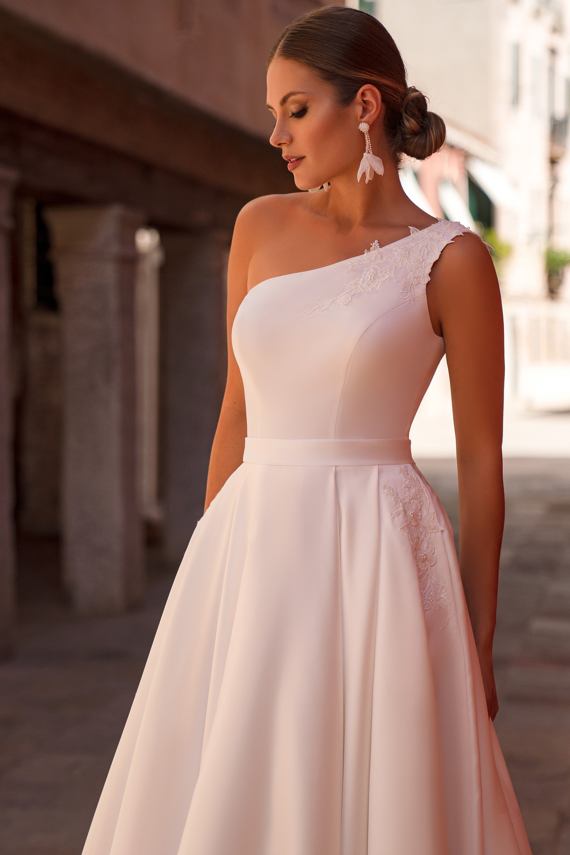 A-Line Wedding Dress with One-Shoulder Floral Appliqués