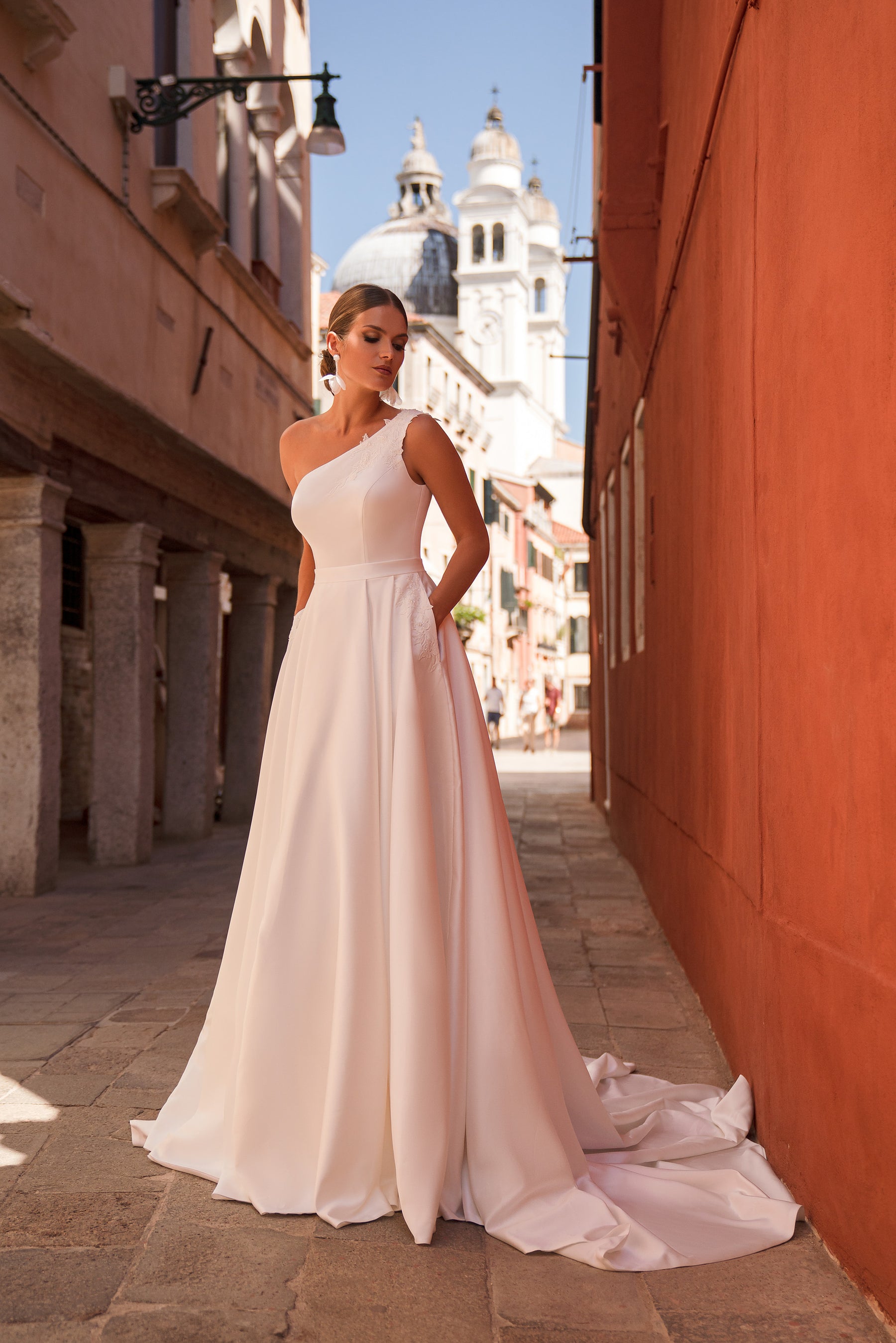 A-Line Wedding Dress with One-Shoulder Floral Appliqués