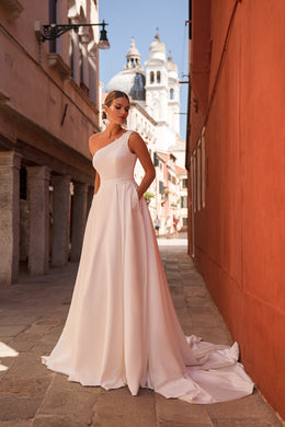A-Line Wedding Dress with One-Shoulder Floral Appliqués