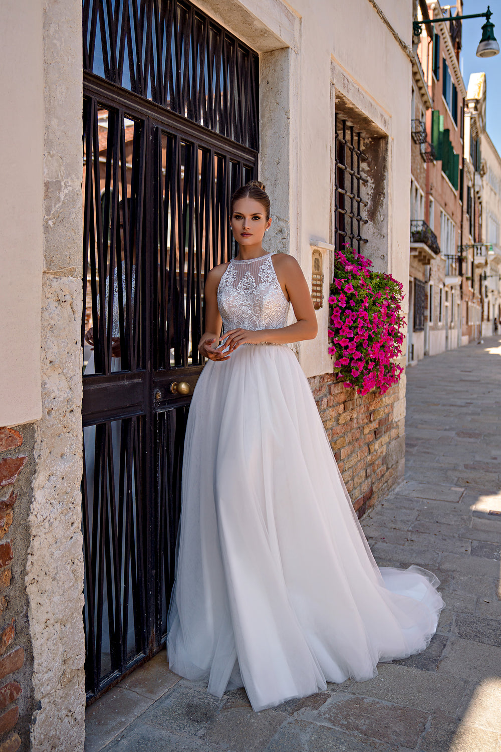 A-Line Wedding Dress with High Neck Lace Bodice