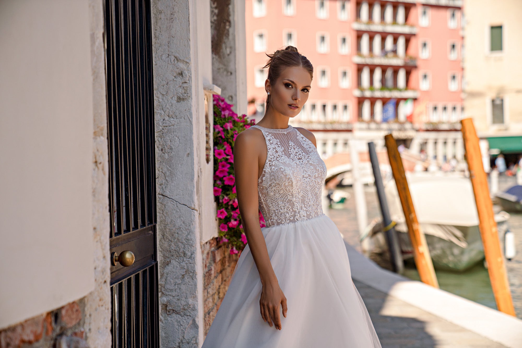 A-Line Wedding Dress with High Neck Lace Bodice