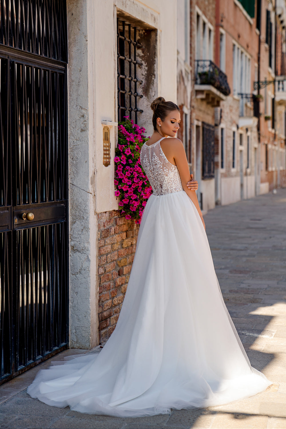 A-Line Wedding Dress with High Neck Lace Bodice