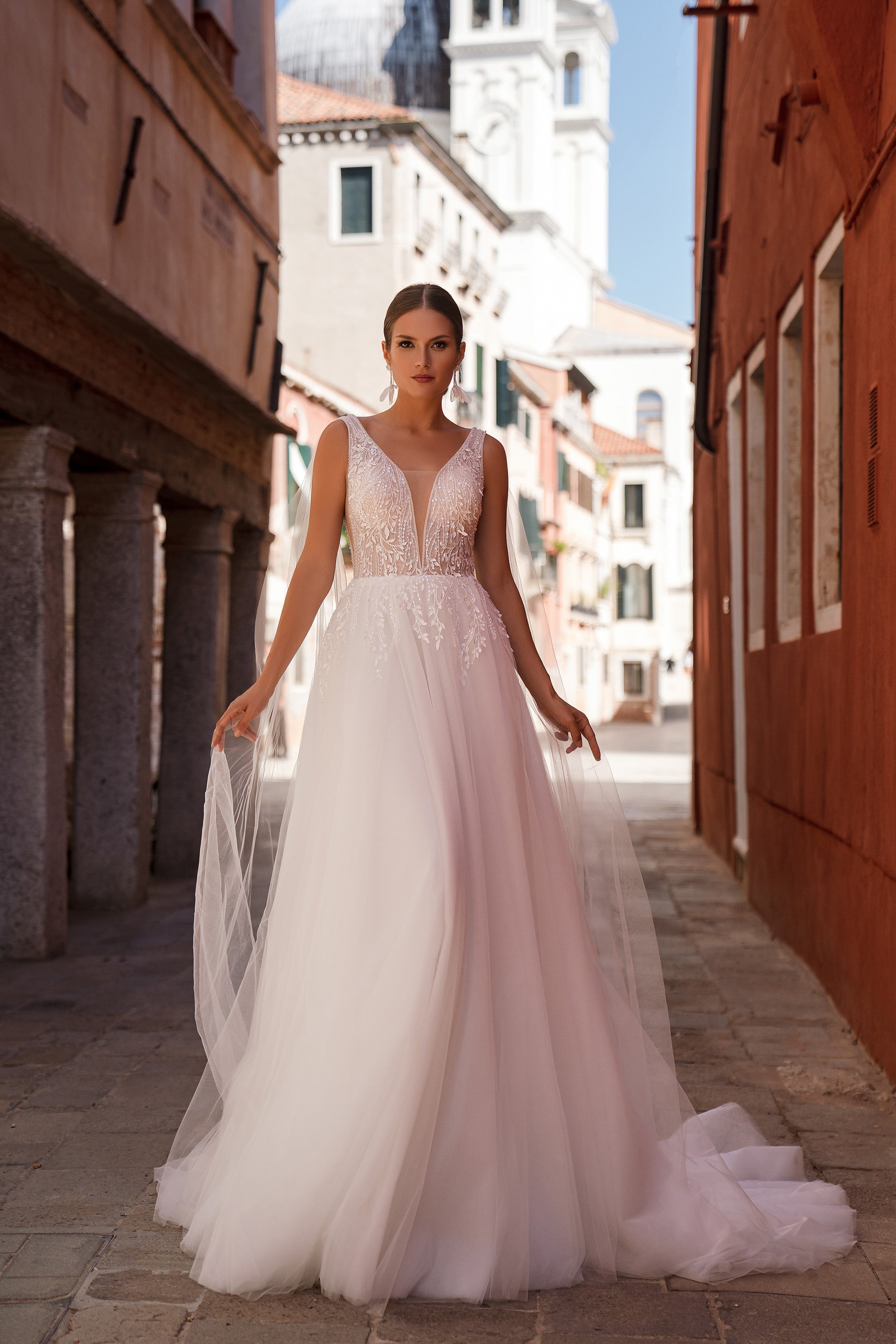 A-Line Wedding Dress with Beaded Lace Bodice and Tulle Cape