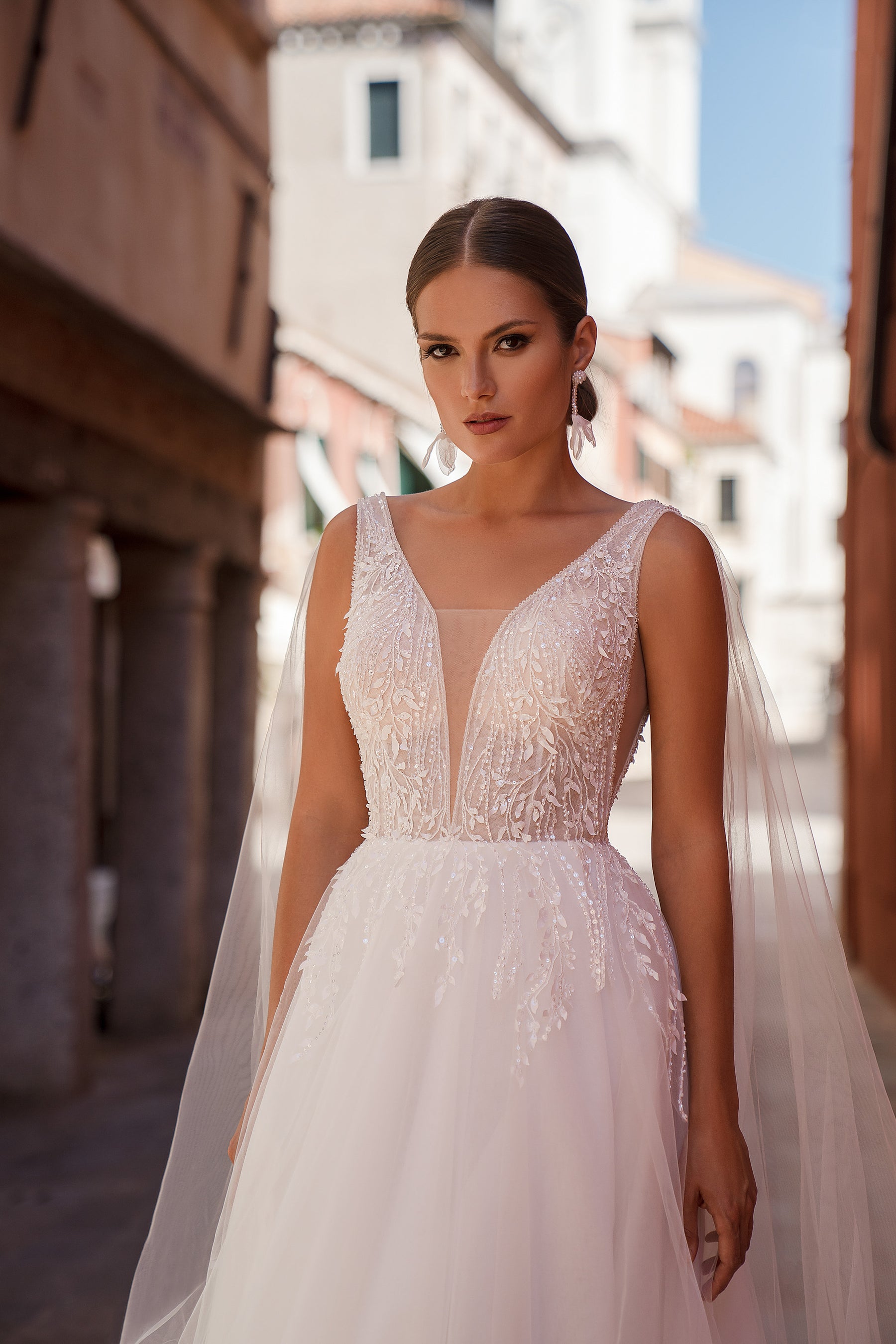 A-Line Wedding Dress with Beaded Lace Bodice and Tulle Cape