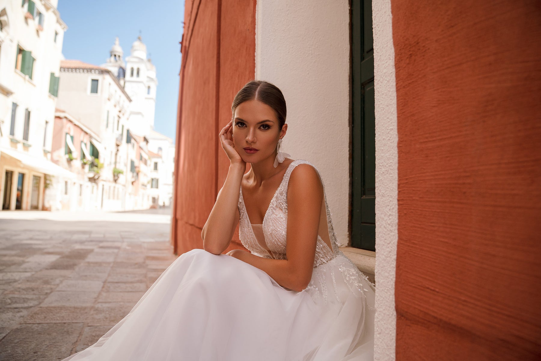 A-Line Wedding Dress with Beaded Lace Bodice and Tulle Cape