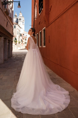 A-Line Wedding Dress with Beaded Lace Bodice and Tulle Cape